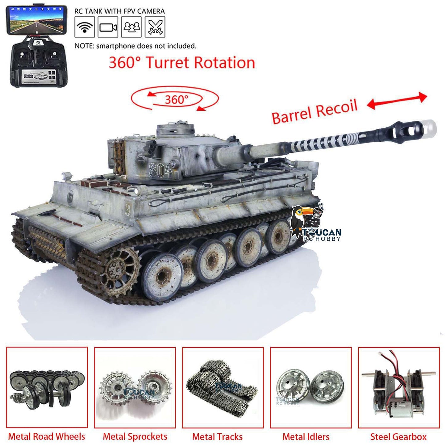Henglong 1/16 TK7.0 3818 Tiger I RTR RC Tank FPV 360 Degrees Turret Barrel Recoil Smoke Metal Tracks Sprockets Idlers Road Wheels Hand Spray Painting Color