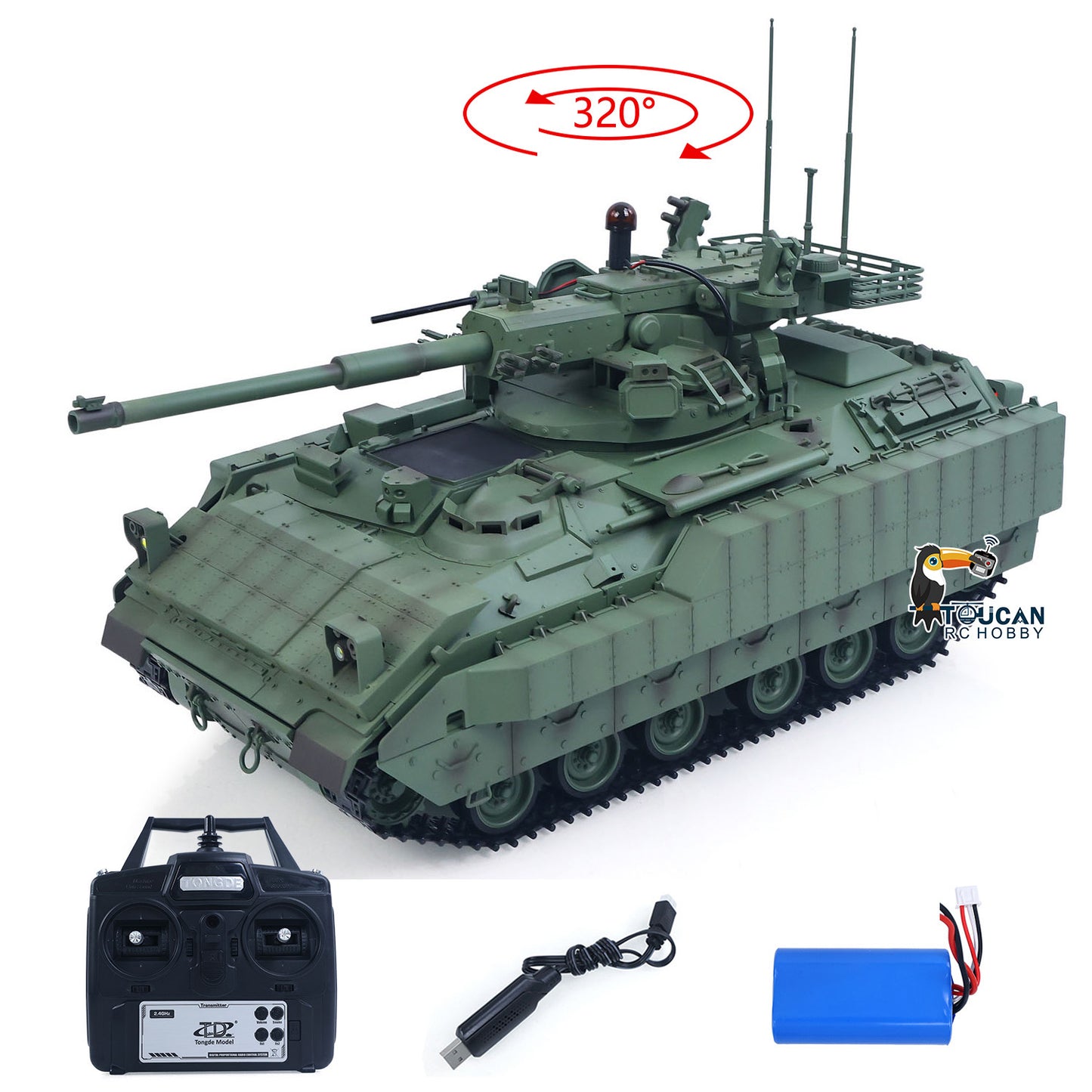 Tongde 1/16 Metal Remote Control Tank Model M2128 Bradley Infrared System 320 Degree Rotation Turret Light Sound System Battery Ready to Run