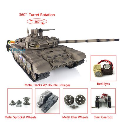 TOUCAN RC HOBBY Henglong 1/16 TK7.0 Promotion Russia T90 RTR RC Tank 3938 with 360 Degrees Turret Red Eyes BB IR Smoke Metal Idlers Sprockets Wheels