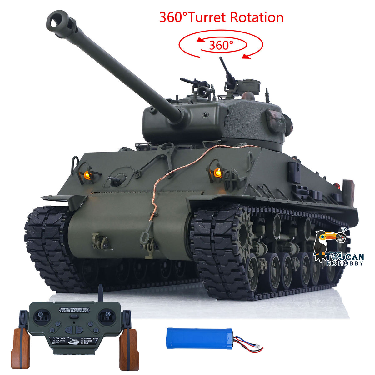 TOUCAN RC HOBBY Fast Free Shipping 1/16 Remote Control Tank Sherman M4A3 E8 Fury Barrel IR BB Barrel Elevation Smoke Unit Metal Chassis Road Wheels 360 Rotation