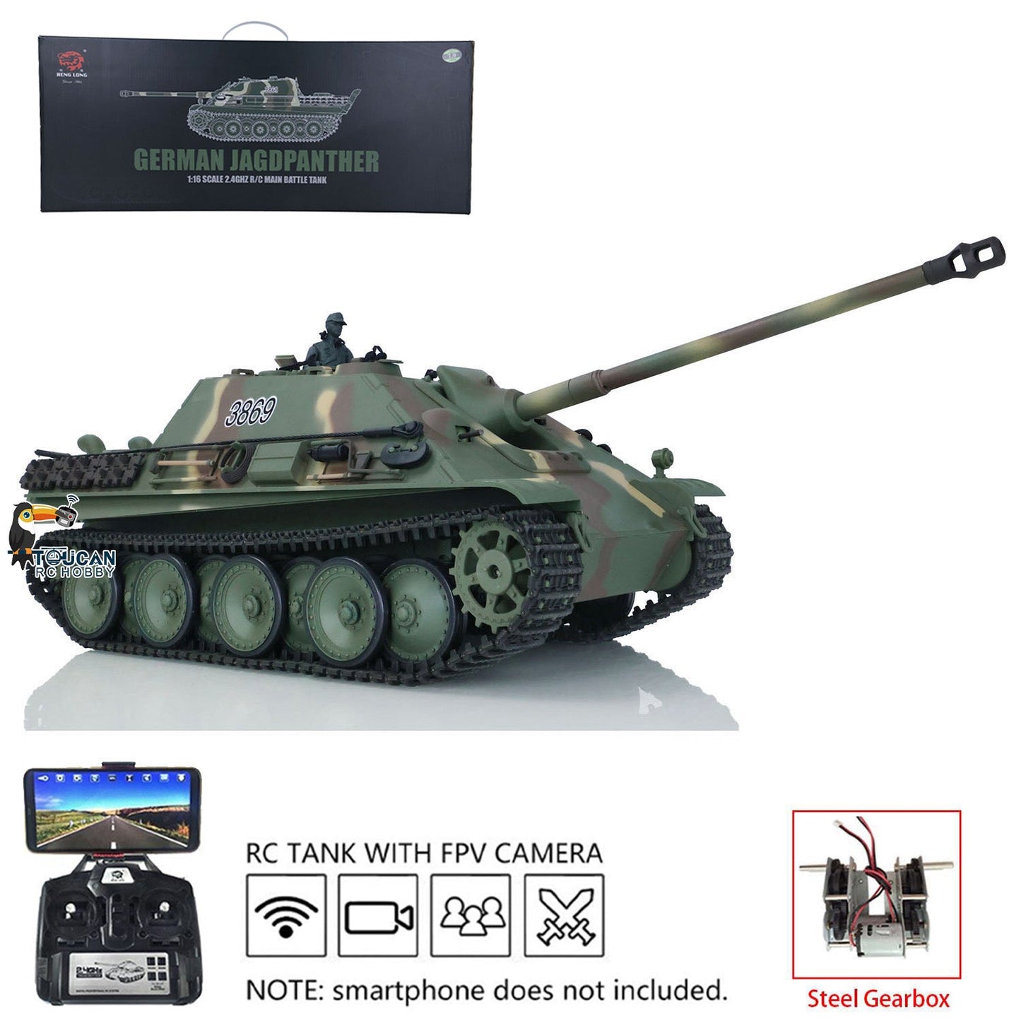 Henglong 1/16 TK7.0 Plastic German Jadpanther 3869 RTR RC Tank FPV Infrared Combat BB Unit Smoke Steel Gearbox Metal Barrel