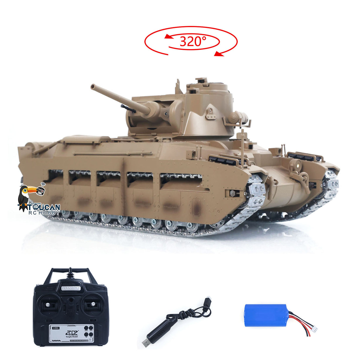 TOUCAN RC HOBBY Fast Free Shipping 1/16 RC Tank Matilda III IV Tongde IR Turret Rotary 320 Degree Electric Remote Control Military Vehicle Metal Gearbox Road Wheel