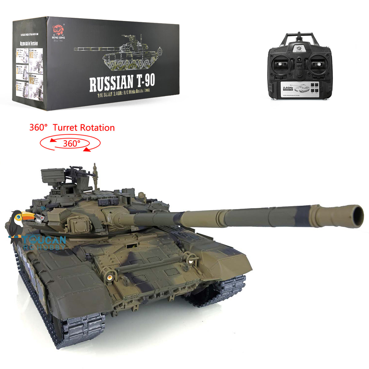 TOUCAN RC HOBBY Henglong 1/16 TK7.0 Promotion Russia T90 RTR RC Tank 3938 with 360 Degrees Turret Red Eyes BB IR Smoke Metal Idlers Sprockets Wheels