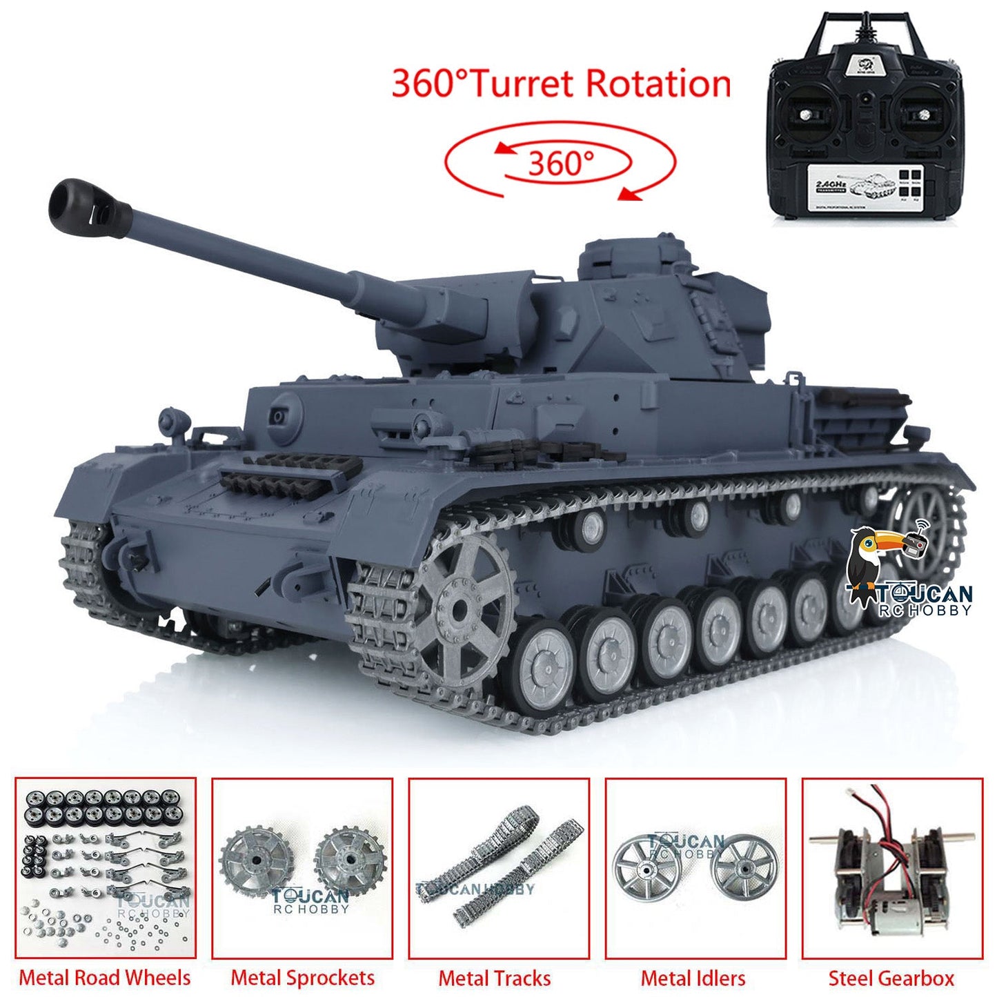 Henglong 1/16 TK7.0 Promotion 3859 German Panzer IV F2 RTR RC Tank IR BB 360 Degrees Turret Smoke Metal Barrel Tracks Sprockets Idlers Road Wheels Gearbox