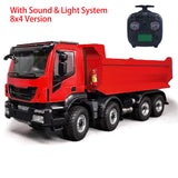 MD 1/14 8x4 RC Hydraulic Dump Truck CNC 2-Speed Transmission Differential Lock Axles Sound Light System FlySky ST8 Radio Controller