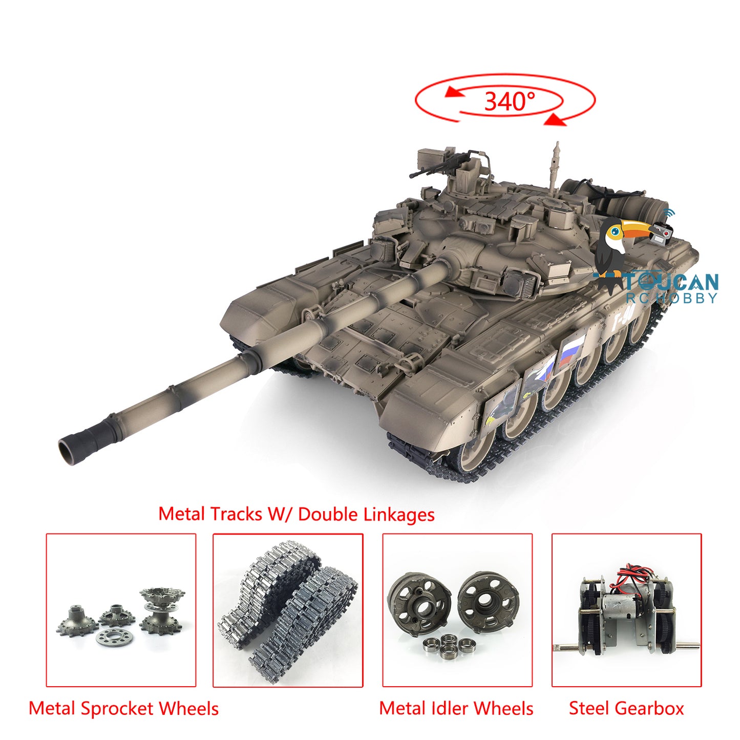 Verbesserter Henglong 1/16 TK7.0 Russischer T90, fahrbereit, funkgesteuerter Panzer, 3938 Metallketten, Kettenräder, Leiträder, Rauchgeräusche