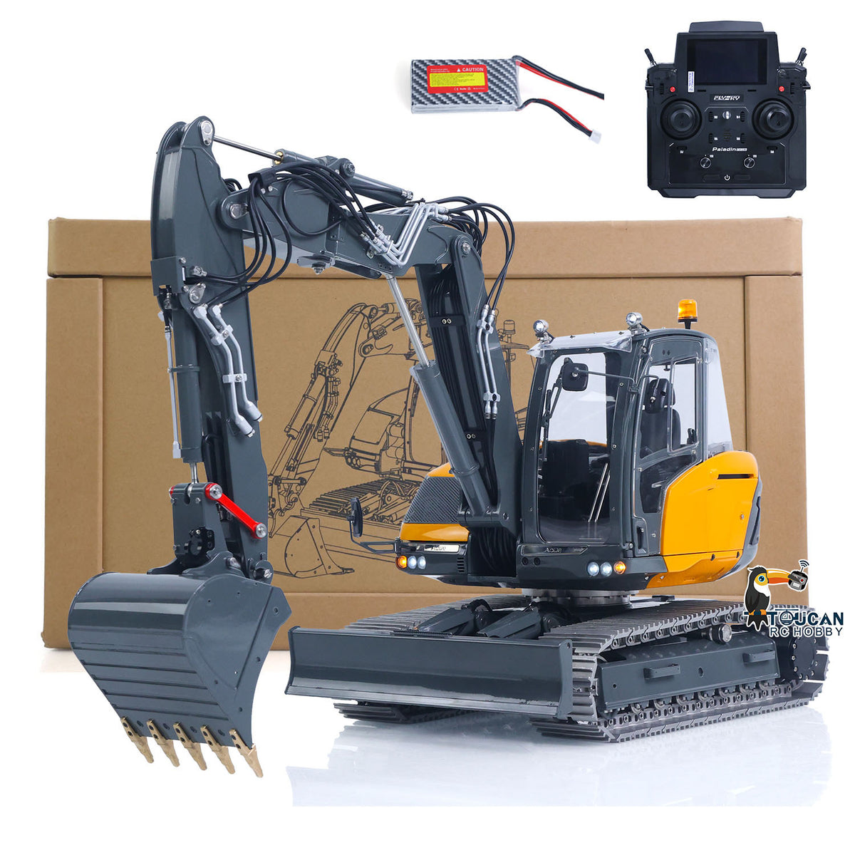 TOUCAN RC HOBBY PROMOTION LESU Metal 1/14 Hydraulic RC Excavator MC15 4 Arms Remote Control Digger Model 9 Ways Valve Dual Pumps Light Sound Radio Battery
