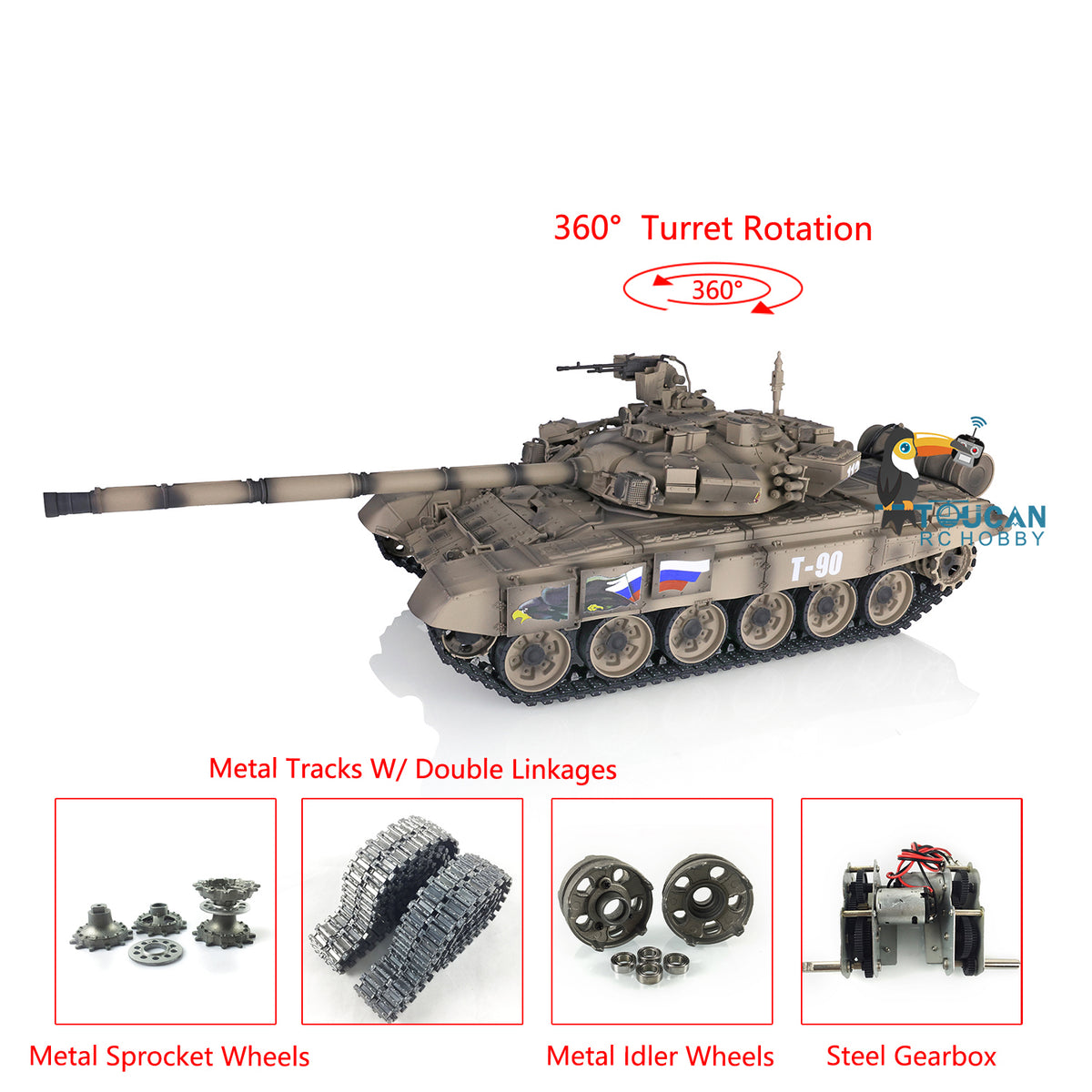 Henglong 1/16 Maßstab TK7.0 Russischer T90 Ferngesteuerter Ready To Run Tank 3938 W/ 360 Turm Metallketten Kettenräder Leiträder