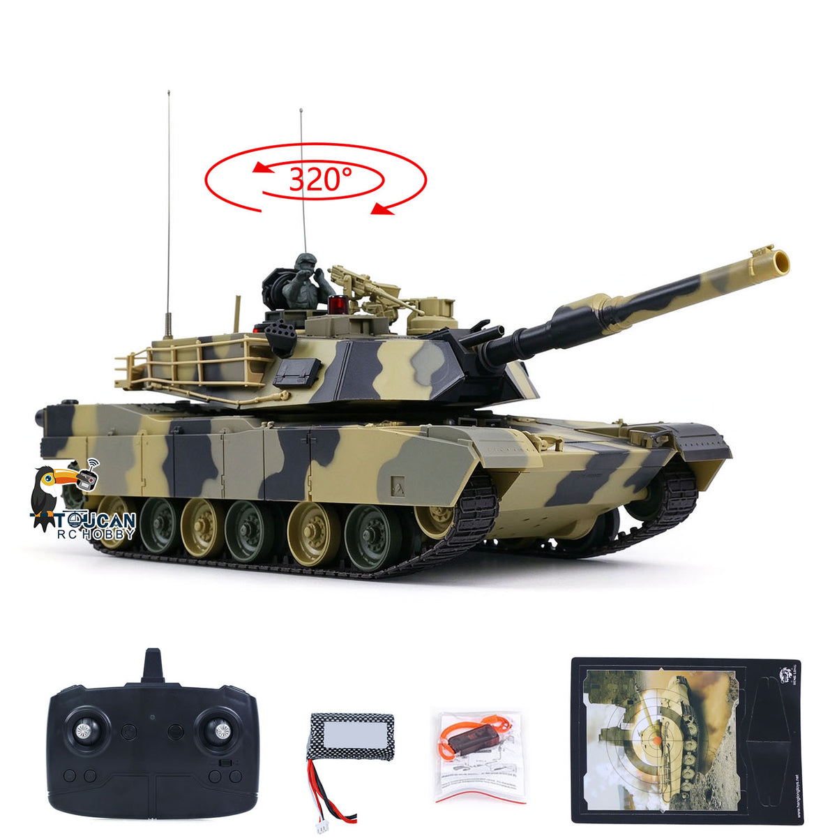TOUCAN RC HOBBY Henglong 1/24 Plastic 3816 AbramsM1A2 RC Tank Model with Infrared Combat Turret Elevation and Depression Sound Light Smoke Unit Battery