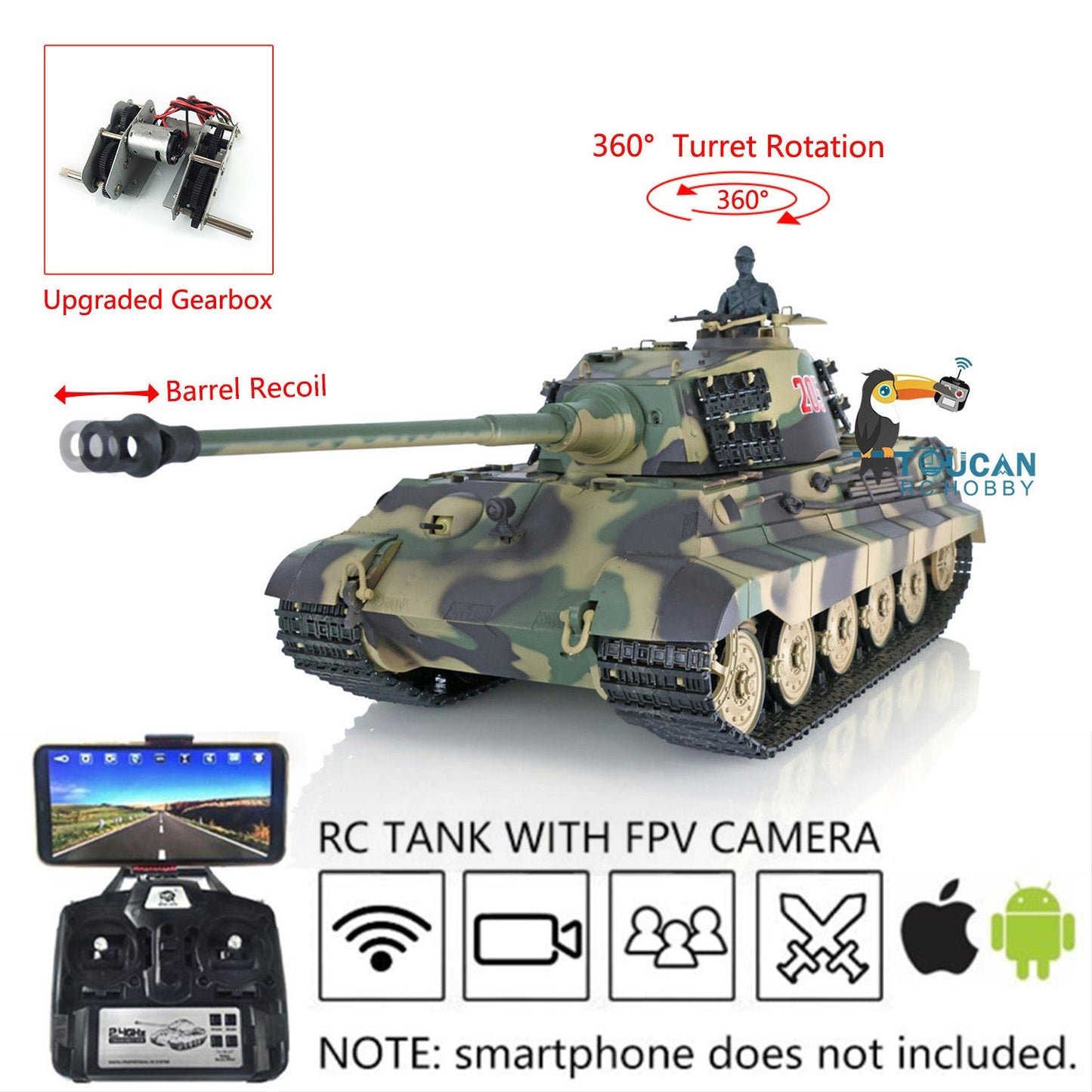 Henglong 1/16 TK7.0 Plastic German King Tiger RTR RC Tank 3888A with 360 Degrees Turret Barrel Recoil Infrared Combat BB Metal Barrel Steel Gearbox
