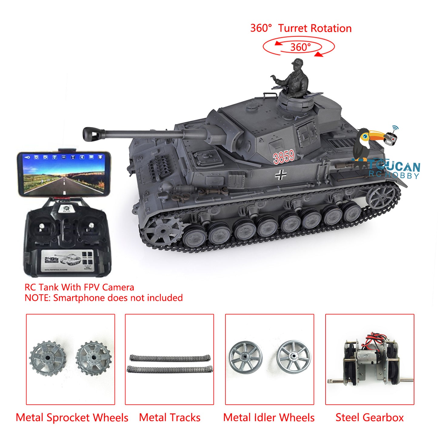 1/16 Maßstab TK7.0 Verbesserter Henglong Panzer IV F2 RTR RC FPV Modellpanzer 3859 360 Turmketten Kettenräder Leiträder Laufräder