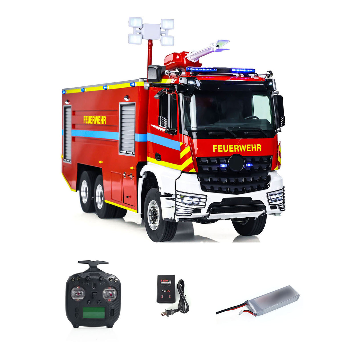YLL 1/14 6x6 Metal Chassis Fire Fighting Truck Remote Control Engineering Car 2-Speed Transmission Differential Lock Axles Light Sound ST8 Radio