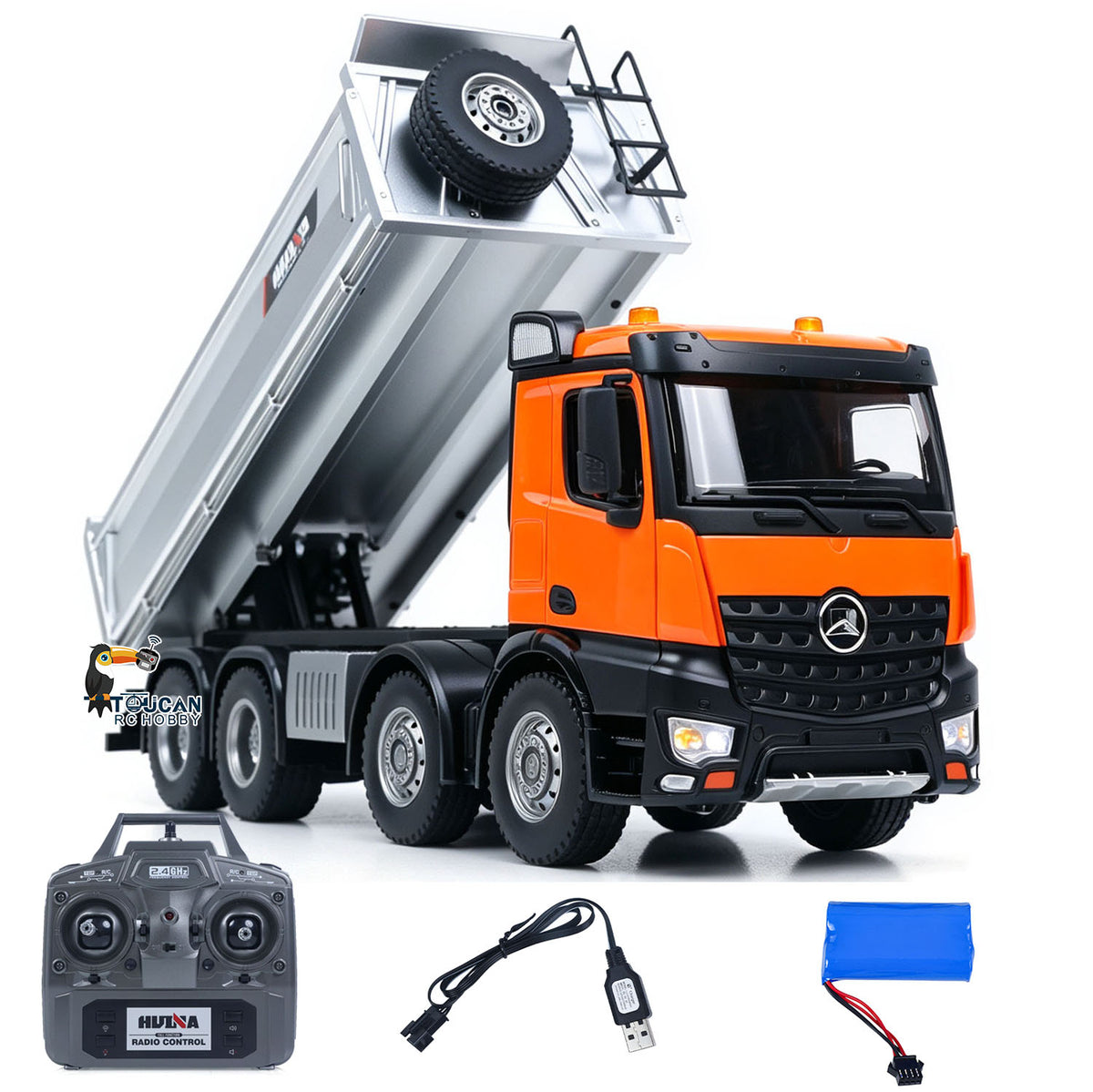 TOUCAN RC HOBBY HUINA 1/14 Metal Remote Control Dump Truck 1536-1 8X8 Electric Lifting RC Tipper Finished Model RTR Light Sound Effects Battery