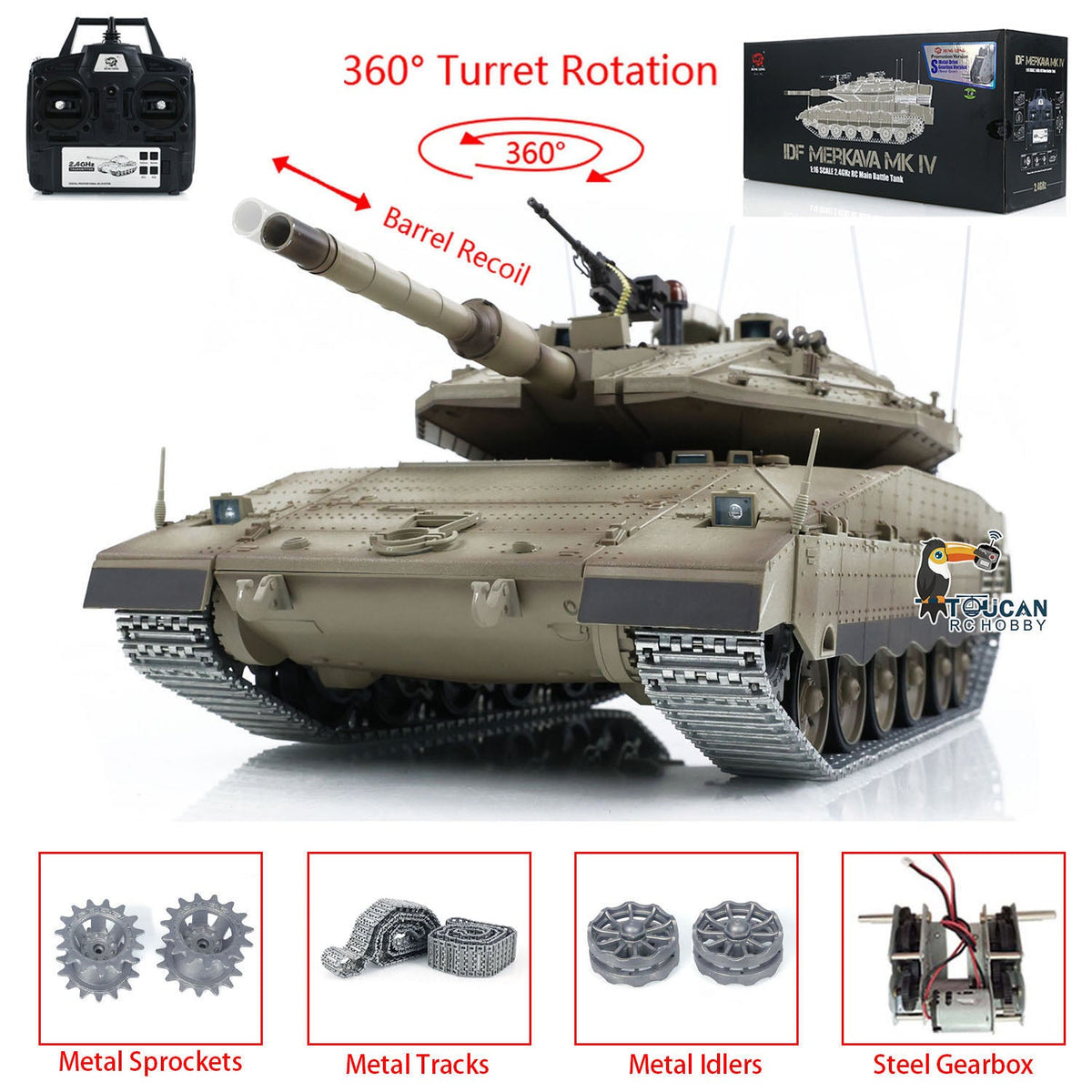 Henglong 1/16 TK7.0 IDF Merkava MK IV RTR RC Tank 3958 with 360 Degree Turret Barrel Recoil BB IR Smoke Metal Gearbox Tracks Sprockets Idlers Wheels