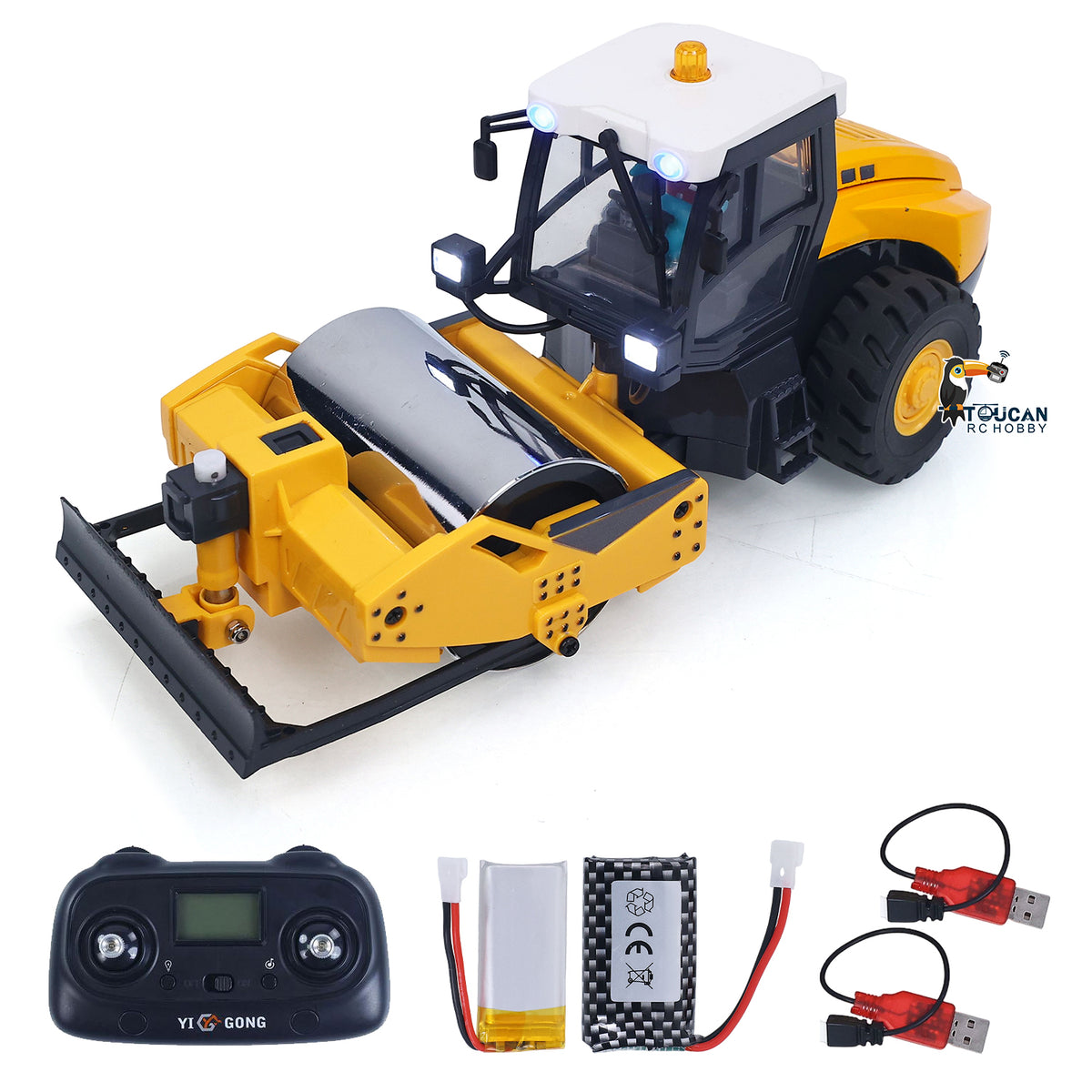 1/50 Mini Remote Control Road Roller RTR Electric RC Construction Vehicle Finished Model Metal Blade Lights Sounds Effect