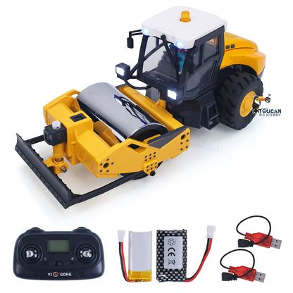 1/50 Mini Remote Control Road Roller RTR Electric RC Construction Vehicle Finished Model Metal Blade Lights Sounds Effect