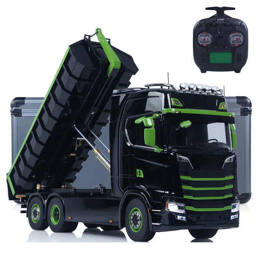 In Stock 6x6 1/14 Hydraulic RC Dumper Car Metal Roll-Off Full Dump Truck Rear Axle Lifting with 3-speed Transmission Light Sound System
