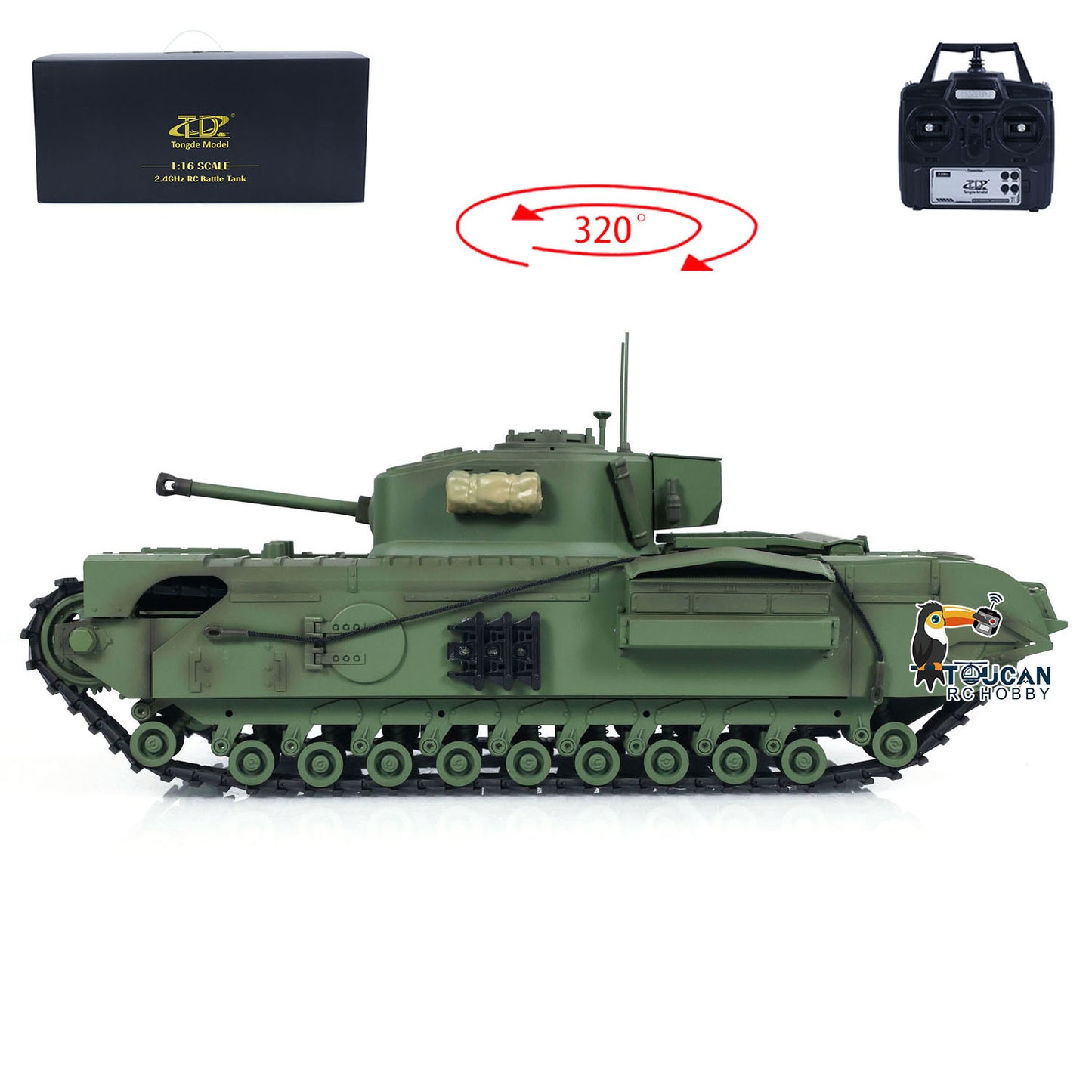 1/16 Tongde RC Panzer Churchill Mk.VII Elektro Infrarot Kampfspielzeug Fassrückstoß RTR Funkbatterie