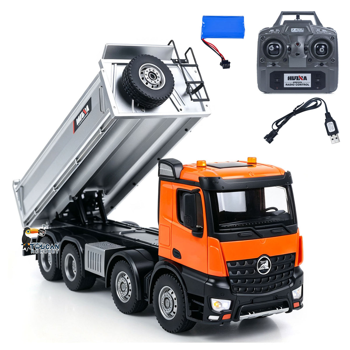 TOUCAN RC HOBBY Fast Free ShippingHUINA 1/14 Metal Remote Control Dump Truck 1536-1 8X8 Electric Lifting RC Tipper Finished Model RTR Light Sound Effects Battery
