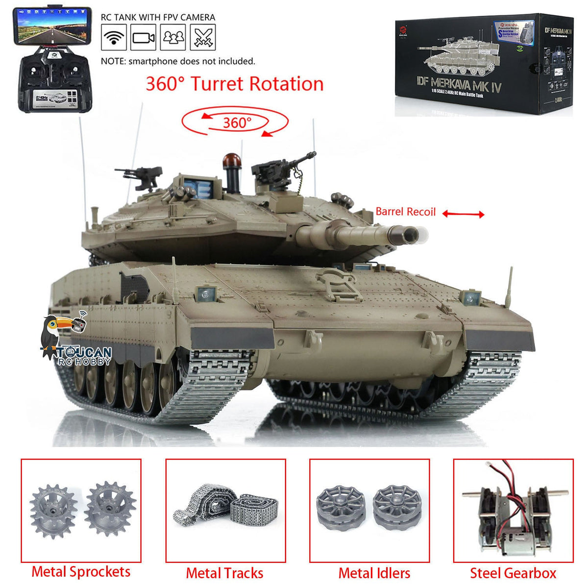 Henglong 1/16 TK7.0 IDF Merkava MK IV RTR RC Tank 3958 with 360 Degree Turret Barrel Recoil BB IR Smoke Metal Gearbox Tracks Sprockets Idlers Wheels