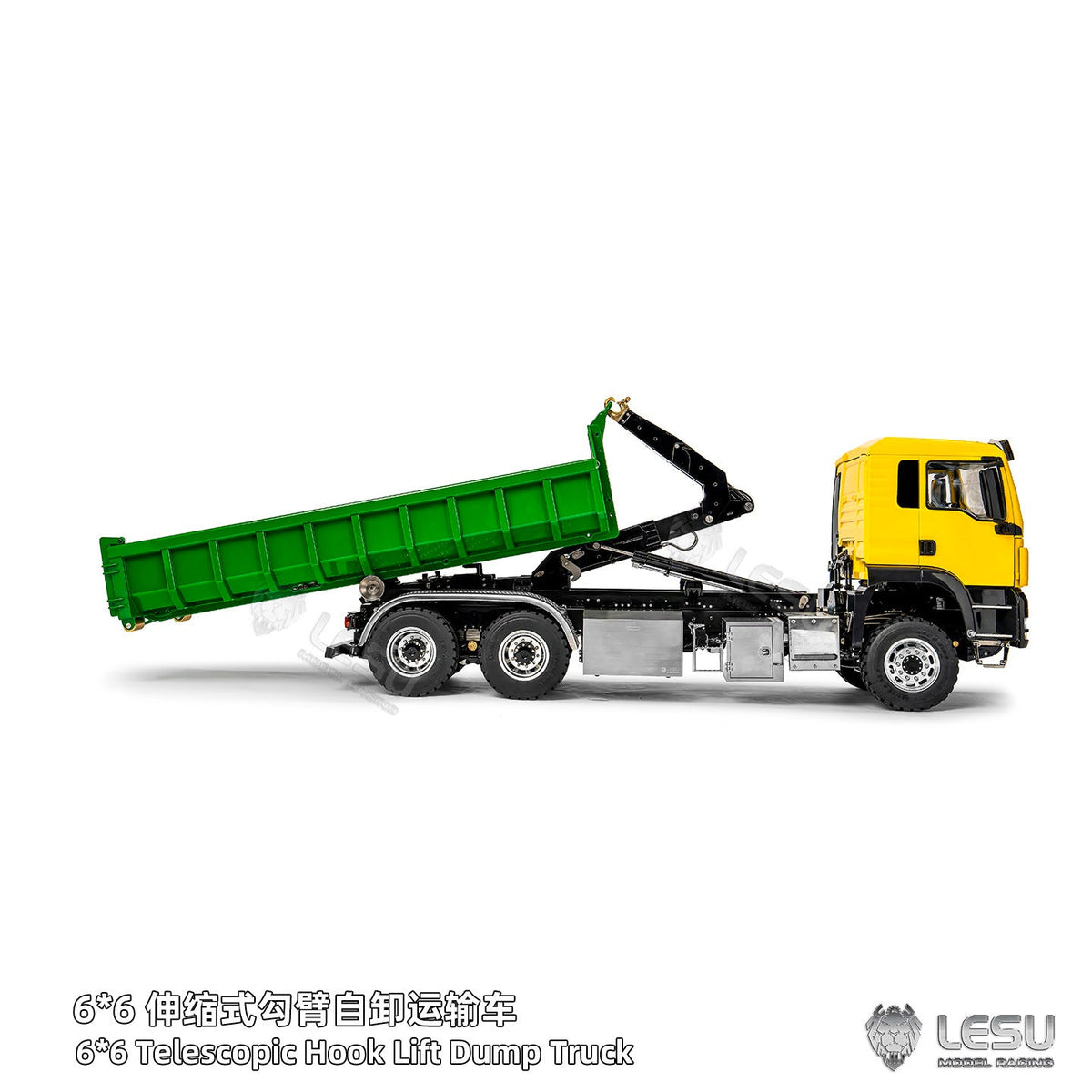 TOUCAN RC HOBBY LESU Z0094 1/14 Metal 6x6 RC Hydraulic Roll on off Dump Truck Telescopic Hooklift Transport Vehicle with 3Speed Transmission 5CH Valve Light Sound