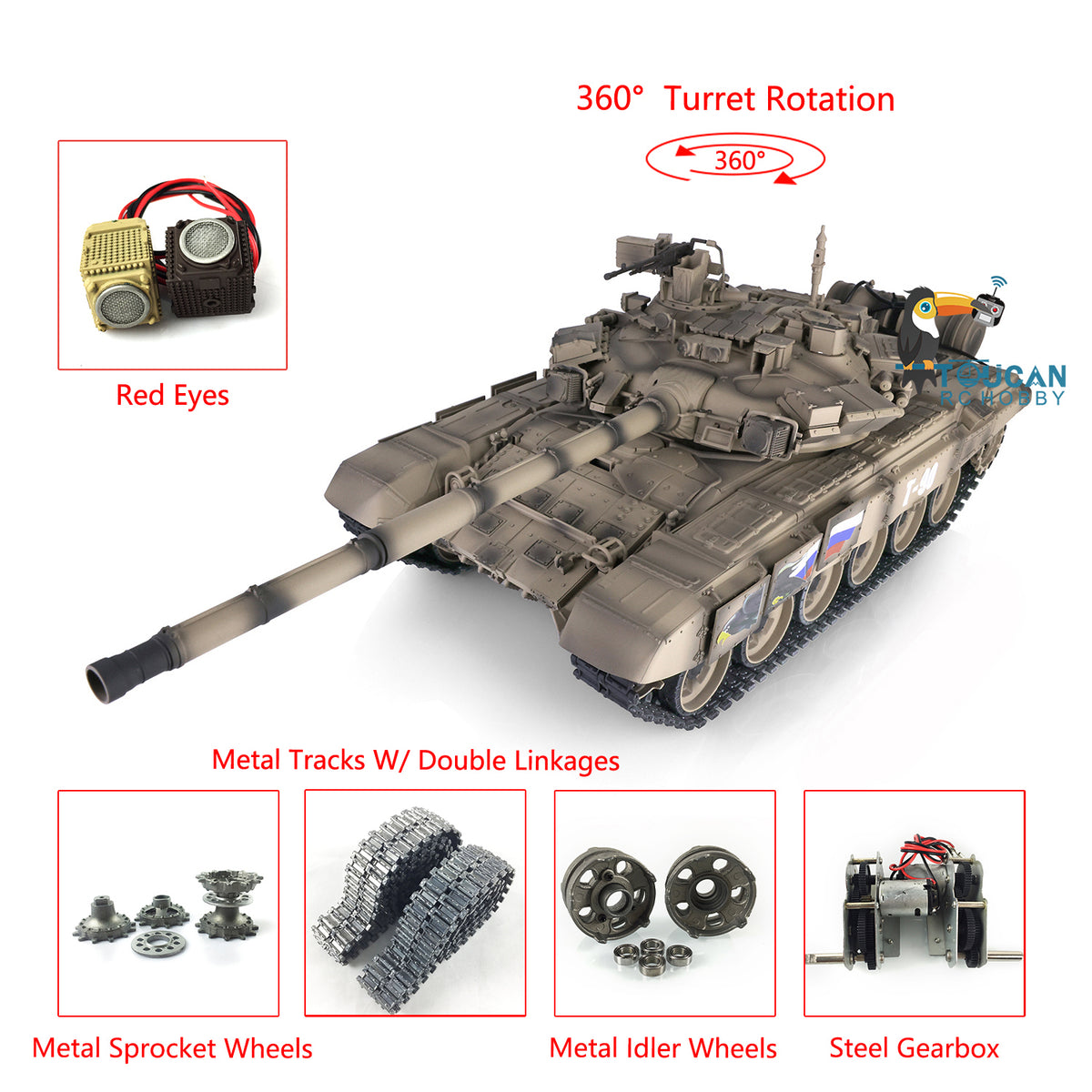 TOUCAN RC HOBBY Henglong 1/16 TK7.0 Promotion Russia T90 RTR RC Tank 3938 with 360 Degrees Turret Red Eyes BB IR Smoke Metal Idlers Sprockets Wheels