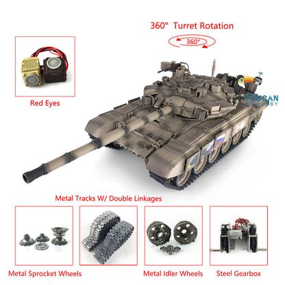 TOUCAN RC HOBBY Henglong 1/16 TK7.0 Promotion Russia T90 RTR RC Tank 3938 with 360 Degrees Turret Red Eyes BB IR Smoke Metal Idlers Sprockets Wheels