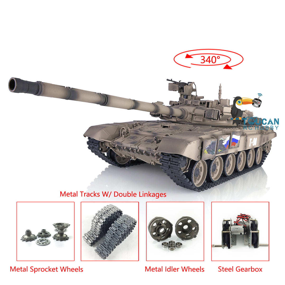Verbesserter Henglong 1/16 TK7.0 Russischer T90, fahrbereit, funkgesteuerter Panzer, 3938 Metallketten, Kettenräder, Leiträder, Rauchgeräusche