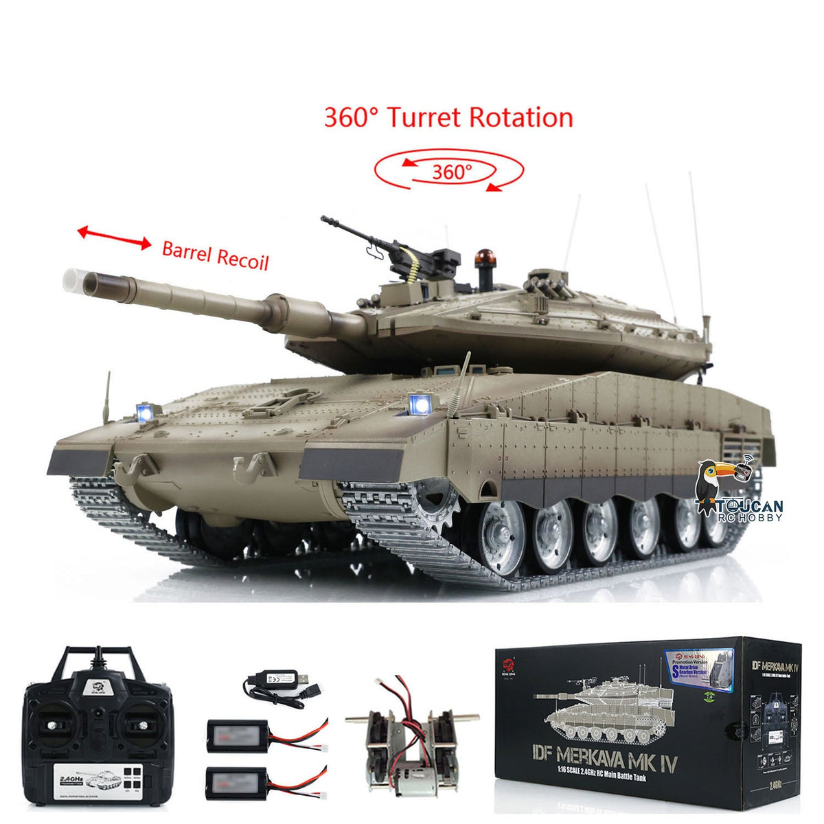 Henglong 1/16 TK7.0 IDF Merkava MK IV 3958 RTR RC Tank with Dual Battery Barrel Recoil 360 Degrees Turret Smoke BB Unit IR Metal Sprockets Idlers Road Wheels Tracks Gearbox