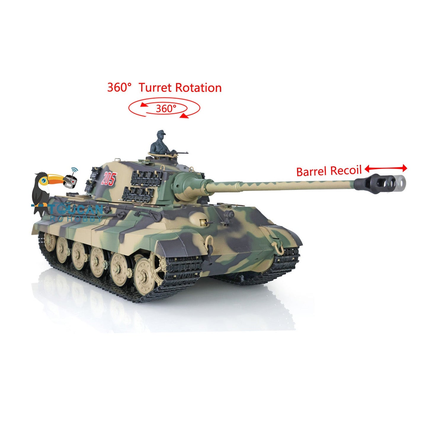 Henglong 1/16 TK7.0 Plastic 3888A German King Tiger RTR RC Tank with 360 Degrees Turret Sound Light Smoke BB Infrared Combat