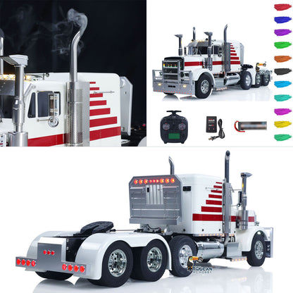 9. 1/14 RC Tractor Truck GrandHauler White Red Stripe Cab and Metal Equipment Rack Rear
