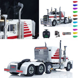 9. 1/14 RC Tractor Truck GrandHauler White Red Stripe Cab and Metal Equipment Rack Rear
