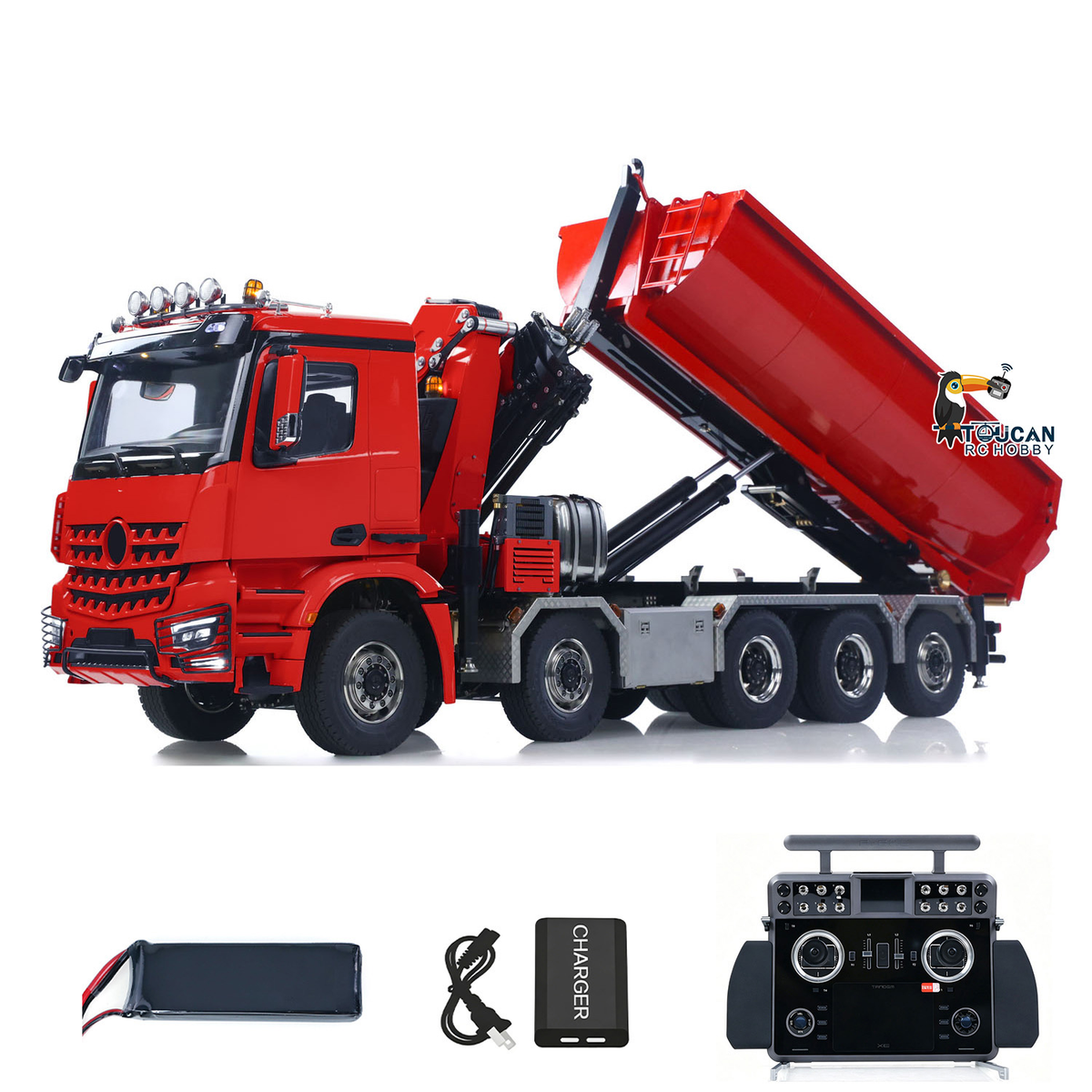 1/14 10x10 Fernbedienung Hydraulische Kran Dump Truck RC Volle Dumper Hinterachse Hebe HobbyWing Bürstenmotor 9CH Stahl Ventil