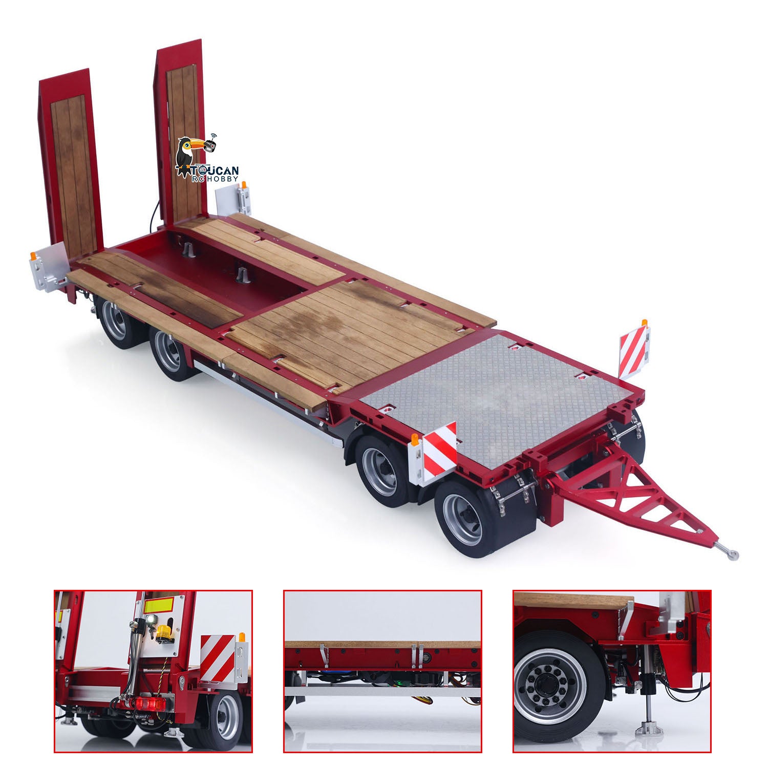 CUT QG-4Axles Metal 1/14 Trailer Lowboy Flatbed with Hydraulic Landing Gear and Folding Tailgate including Engineering Light and Spotlights without Battery Radio