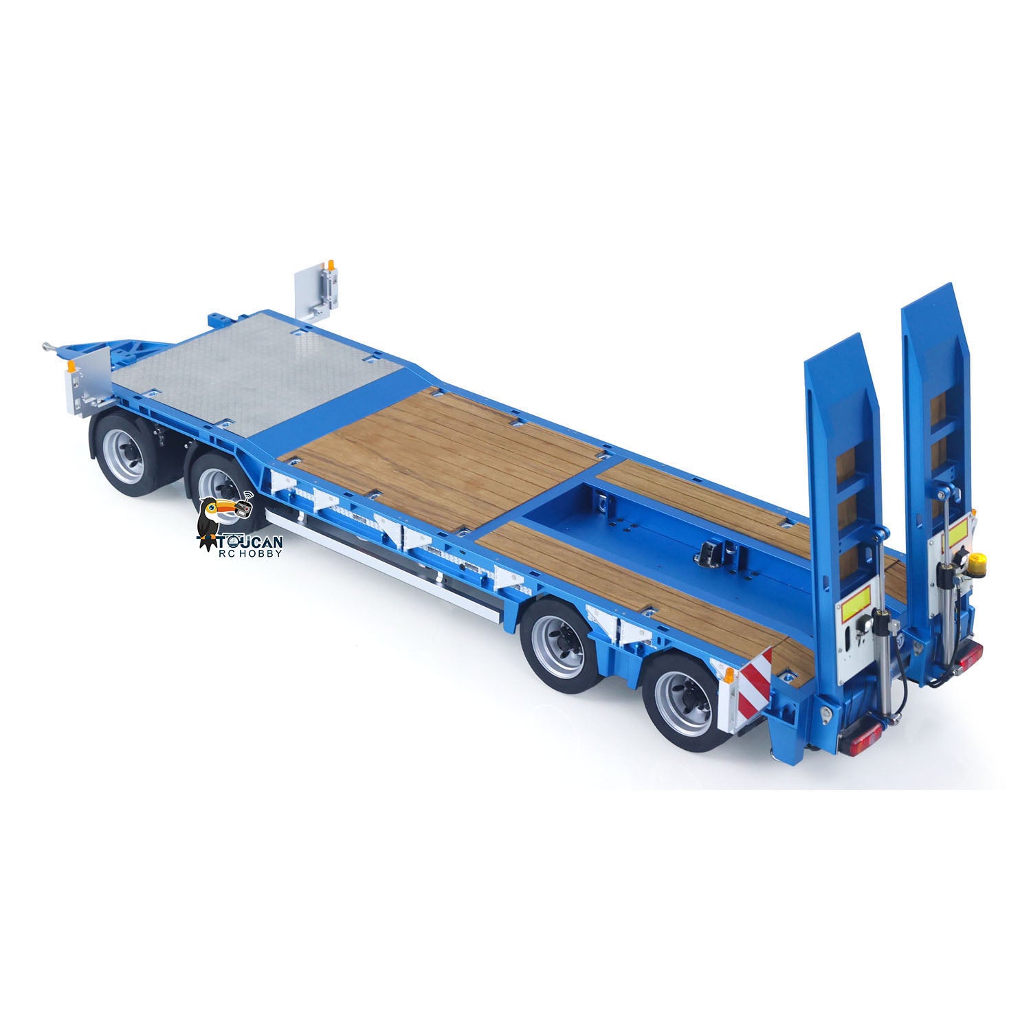 CUT QG-4Axles Metal 1/14 Trailer Lowboy Flatbed with Hydraulic Landing Gear and Folding Tailgate including Engineering Light and Spotlights without Battery Radio