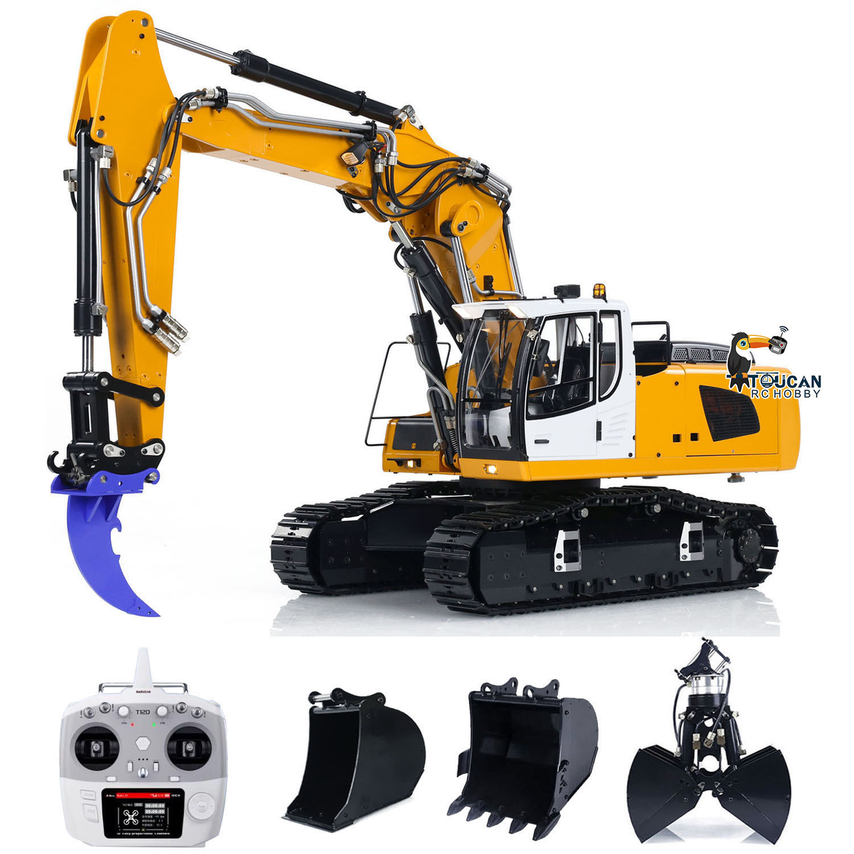 TOUCAN RC HOBBY MTM 946-3 Metal 1/14 3-Arms RC Hydraulic Excavator 6-Ways Valves Clamshell Bucket T12D RC Controller for Engineering Modeler