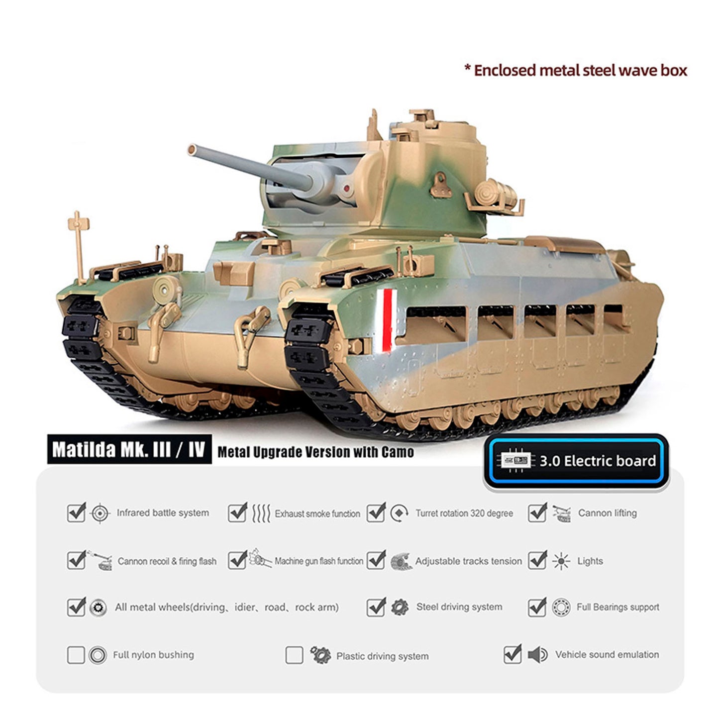 1/16 RC Tank Matilda III IV Tongde IR Turret Rotary 320 Degree Electric Remote Control Military Vehicle Metal Gearbox Road Wheel