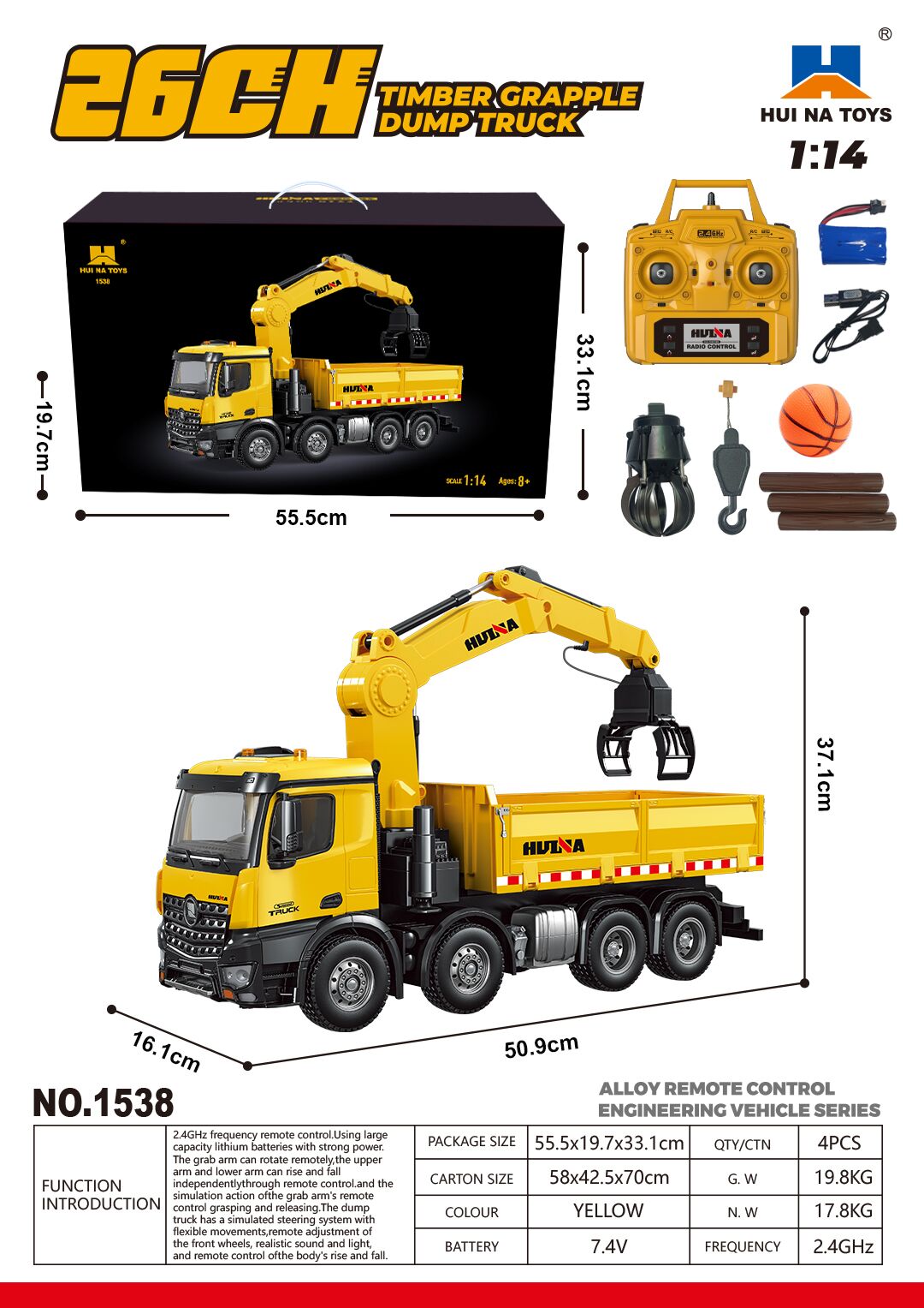 HUINA 1538 RC 1/14 Holzgreifer-LKW-Kipper-Modell Spielzeug 2,4G Radio 1200MAH Batterie Simulationsfahrzeug Hobbymodell Zusammengebaut