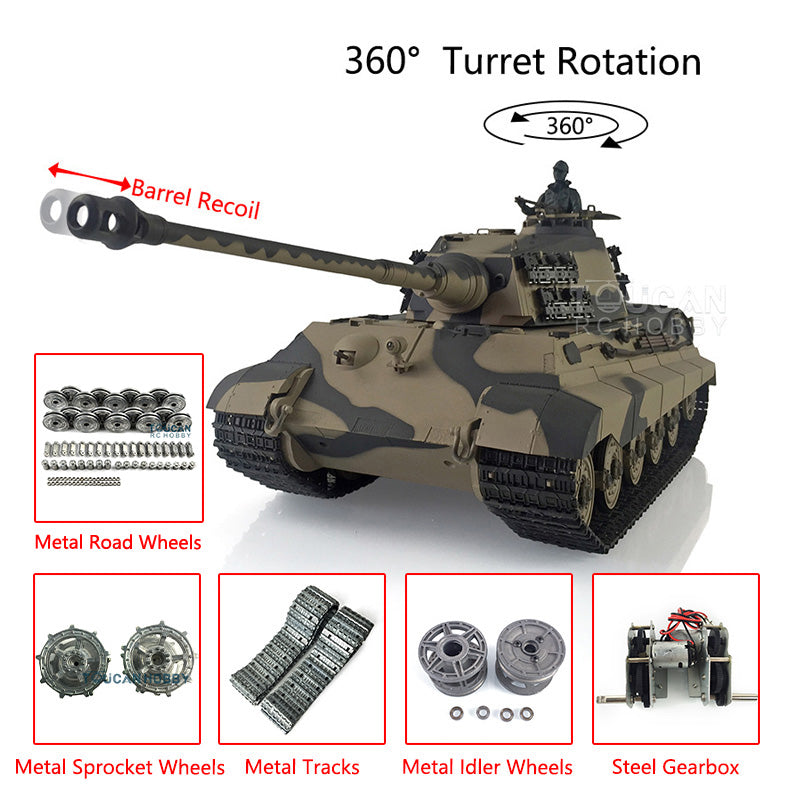 Henglong 1/16 7.0 Customized 3888A King Tiger RTR RC Tank Barrel Recoil 360 Degree Turret BB IR Smoke Sound Lights Metal Tracks Wheels