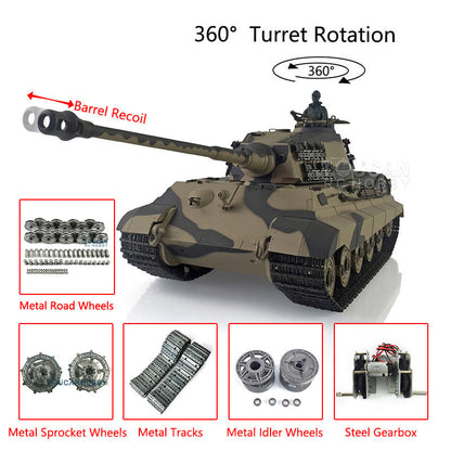 Henglong 1/16 7.0 Customized 3888A King Tiger RTR RC Tank Barrel Recoil 360 Degree Turret BB IR Smoke Sound Lights Metal Tracks Wheels