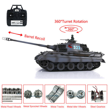 Henglong 1/16 7.0 Customized 3888A King Tiger RTR RC Tank Barrel Recoil 360 Degree Turret BB IR Smoke Sound Lights Metal Tracks Wheels