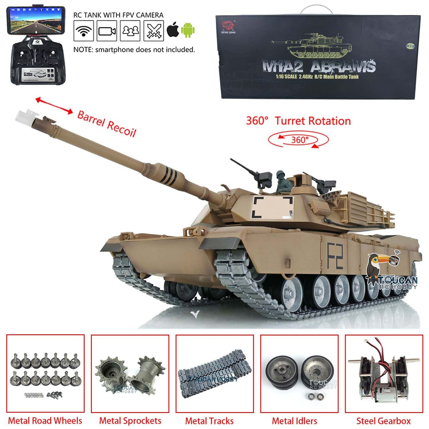Henglong 1/16 TK7.0 Profession USA Abrams M1A2 RTR RC Tank 3918 FPV 360 Degrees Turret Barrel Recoil BB IR Metal Tracks Gearbox Sprockets Idlers Road Wheels