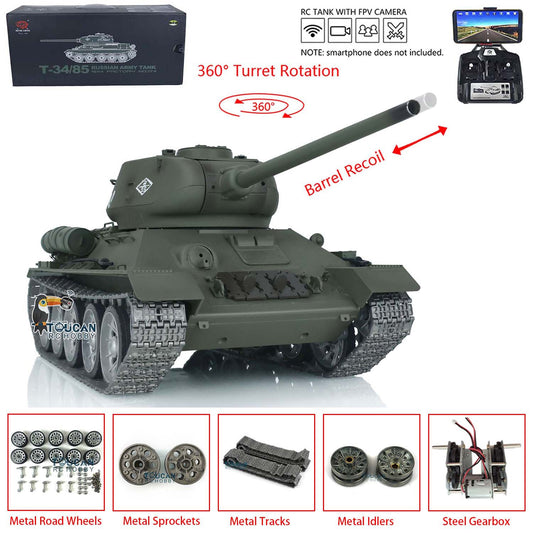Henglong 1/16 TK7.0 3909 Soviet Union T34/85 RC Tank 360 Degrees Turret IR BB Smoke Metal Track Drive Idler Road Wheels Gearbox