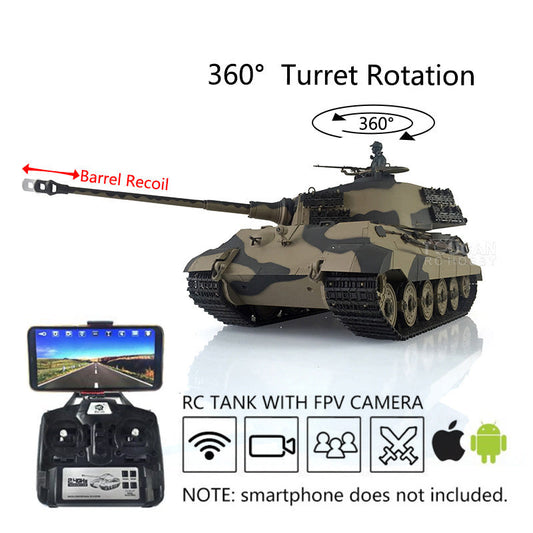 Henglong 1/16 7.0 Customized 3888A King Tiger RTR RC Tank Barrel Recoil FPV 360 Degree Turret IR BB Smoke Metal Road Drive Idler Wheels Tracks Gearbox