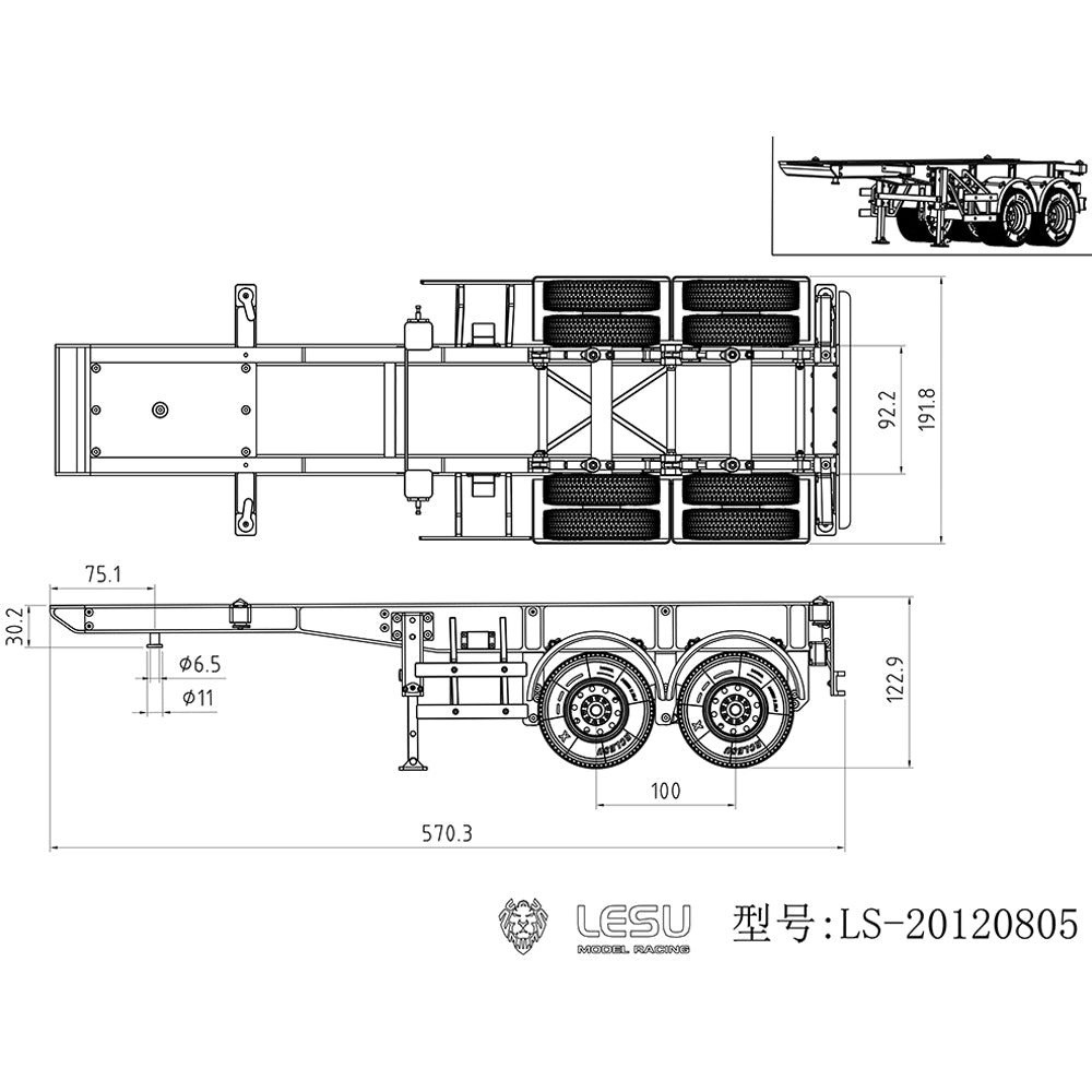 TOUCAN RC HOBBY LESU 40ft 20ft Metal Trailer Chassis for 1/14 Radio Controlled Tractor Container Truck RC Cars Model