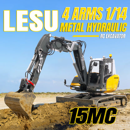 TOUCAN RC HOBBY PROMOTION LESU Metal 1/14 Hydraulic RC Excavator MC15 4 Arms Remote Control Digger Model 9 Ways Valve Dual Pumps Light Sound Radio Battery