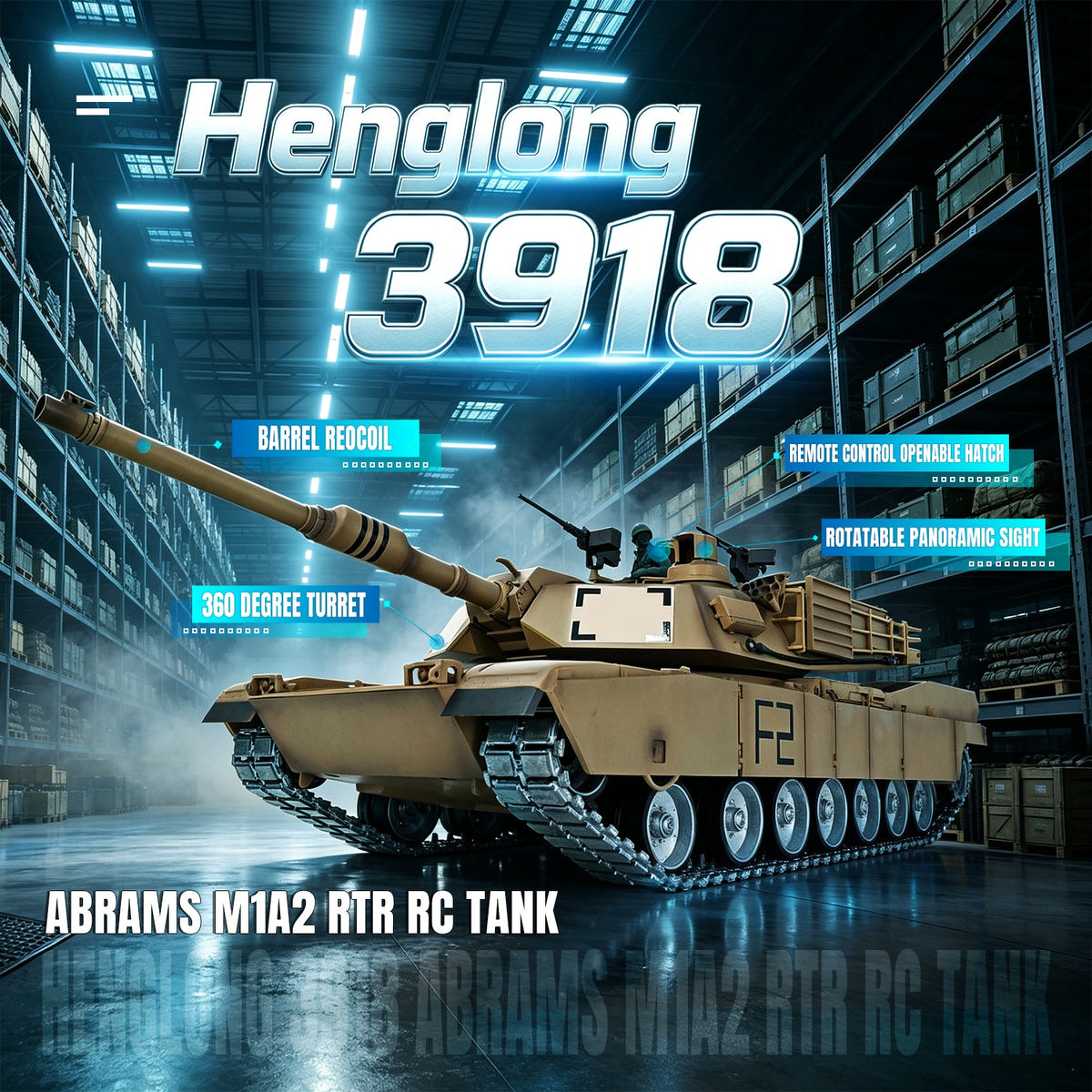Henglong 1/16 TK7.1 Abrams M1A2 RTR RC Tank 3918 Openable Hatch Rotatable Panoramic Sight Barrel Recoil 360 Degrees Turret BB IR Smoke Metal Wheels Tracks Gearbox