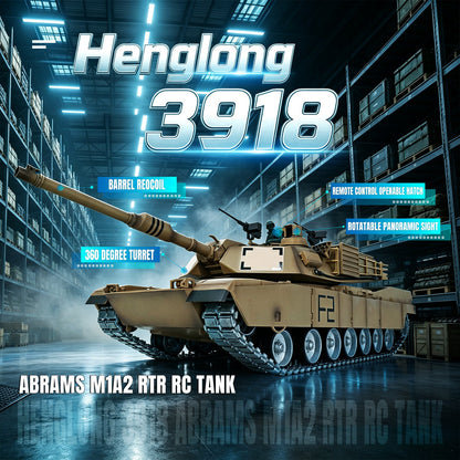 Henglong 1/16 TK7.1 Abrams M1A2 RTR RC Tank 3918 Openable Hatch Rotatable Panoramic Sight Barrel Recoil 360 Degrees Turret BB IR Smoke Metal Wheels Tracks Gearbox