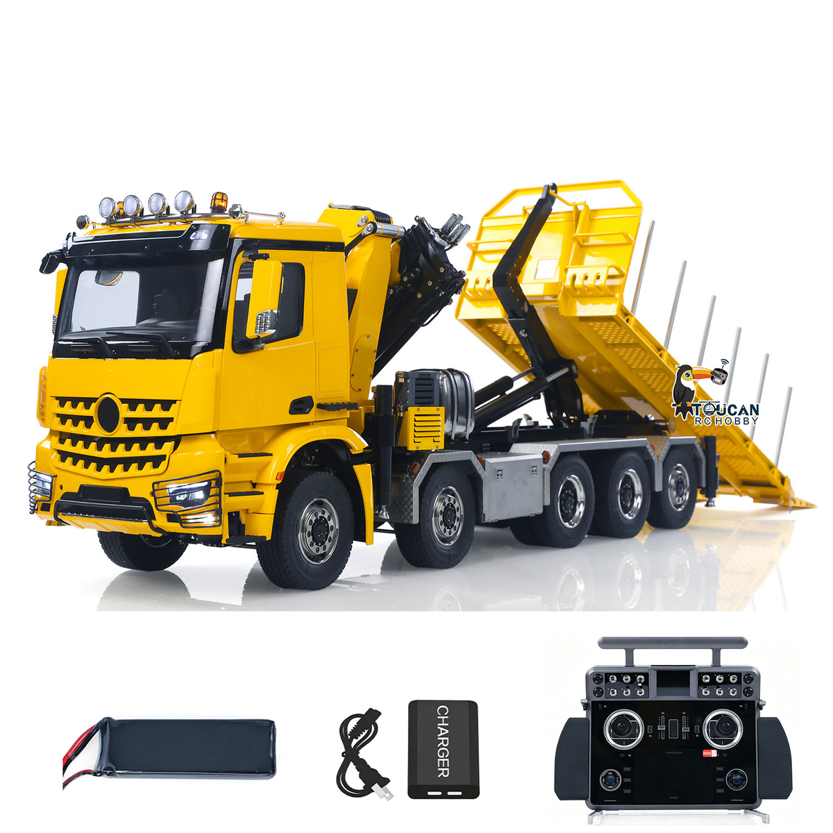 TOUCAN RC HOBBY  10x10 1/14 Metal RC Hydraulic Roll on Roll off Dumper Construction Vehicle 9-Way Reversing Valve Rear Axle Lifting for Hobbyists