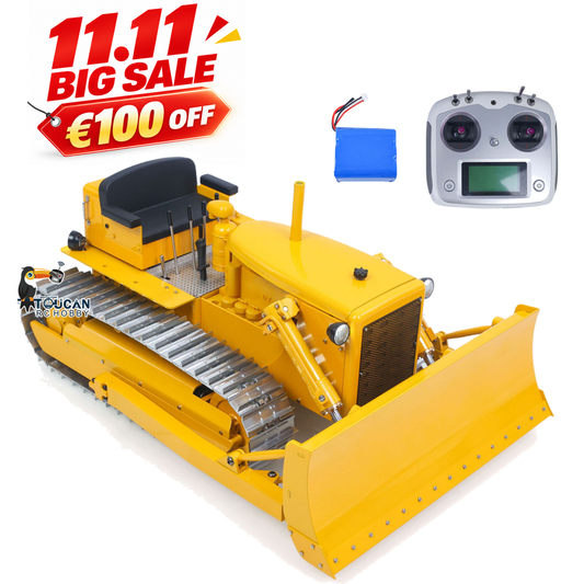TOUCAN Metal 1/14 RC Hydraulic Bulldozer D7 Remote Control Dozer Model Engineering Vehicle Flysky Radio Light Sound System Battery